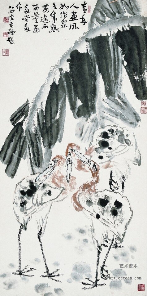 蕉荫鹭鸣听雨声 李苦禅大师题诗题词予以评说